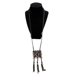 Boho Tribal Necklace Red Cabochon Silver Tone Square Pendant Fringe Tassel